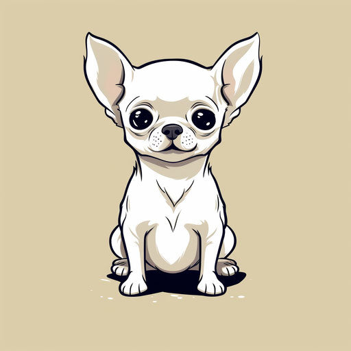 White drawing of Chihuahua dog, kawaiipunk style, logo, minimalist ink drawings, low resolution, icepunk, iconographic motifs, UHD image