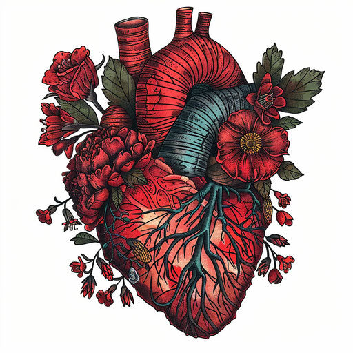 Anatomical heart with floral embellishments