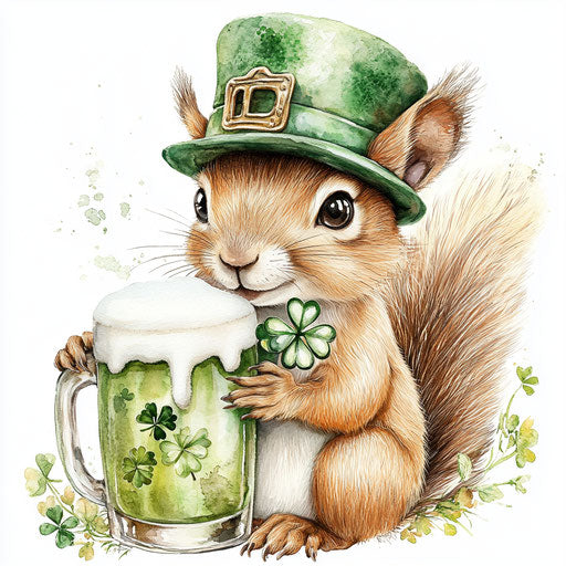 St. Patrick's Day, cute baby squirrel with green hat and shamrocks in watercolor style on white background.