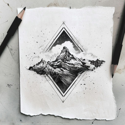 Conceptual tattoo of black and gray shaded triangle with mountain landscape