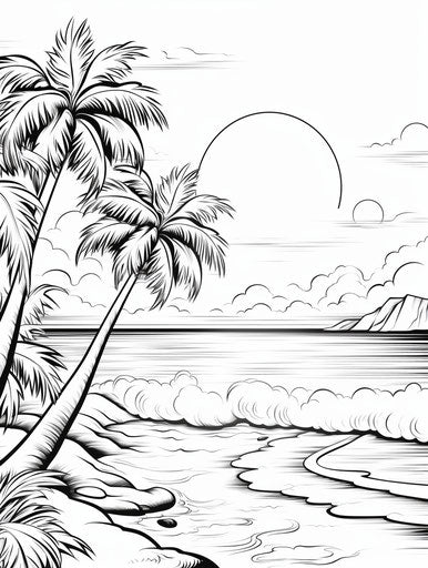 Free coloring pages of sunny island and beach with palm trees
