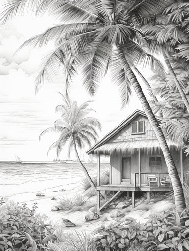 The hut on the beach with palm trees, meticulous inking style