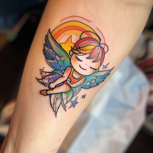 Whimsical guardian angel tattoo, colorful against white