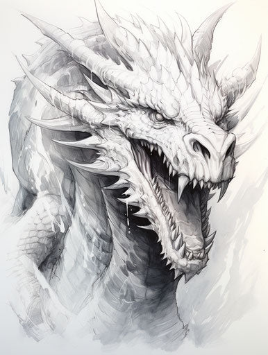 Outline drawing of a dragon with open mouth fantasy realism 3:4
