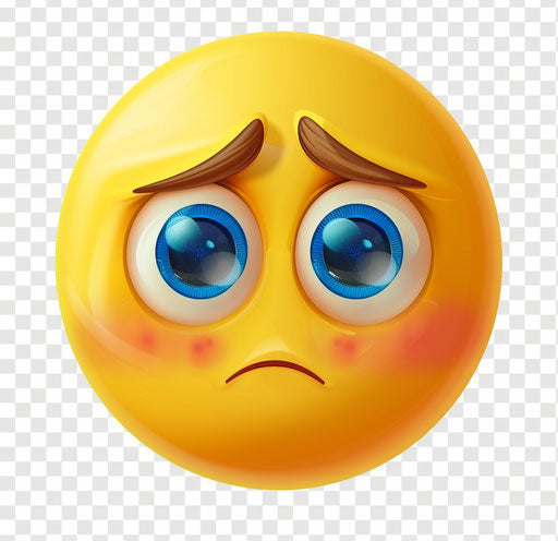 Sad emoji clipart, yellow with blue eyes, transparent background
