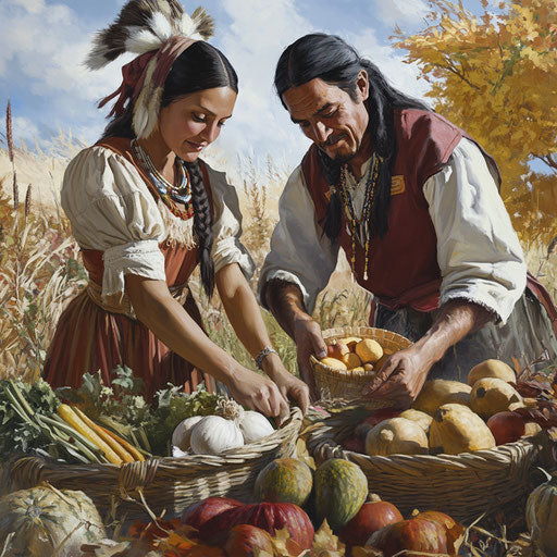 Pilgrim woman and Native American man serve first Thanksgiving meal together