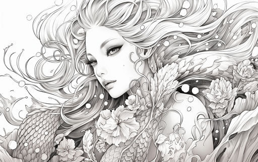 Mermaid coloring page, detailed ink style, whimsical manga
