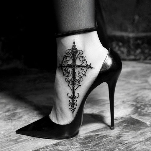 Ankle tattoos for women with a gothic cross and filigree
