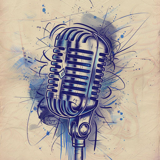 Bold tattoo sketch of a microphone with sound waves, deep blue and black, clipart style