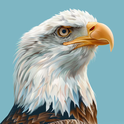 Bald eagle artwork in realistic style with light blue background