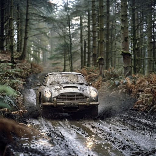 Rally-ready Aston Martin DB6 covered in mud, navigating rugged forest trail