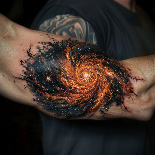 Bicep tattoo of a cosmic explosion, in the style of J.P. Targete, on the bicep