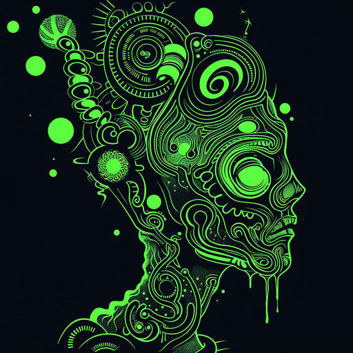 Surreal flat clipart style tattoo sketch for dark arts tattoo with vibrant neon green outlines