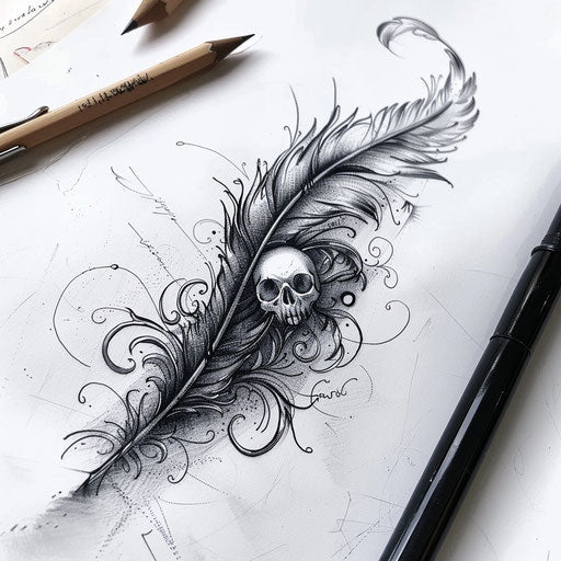 Gothic feather tattoo design with dark elements and skulls