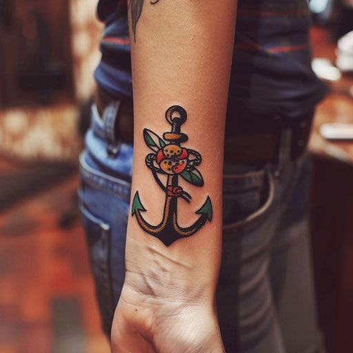 Wrist tattoos for women with sailor motifs, in the style of Sailor Jerry