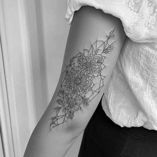 Elbow tattoo spider web intricate floral patterns Merian style