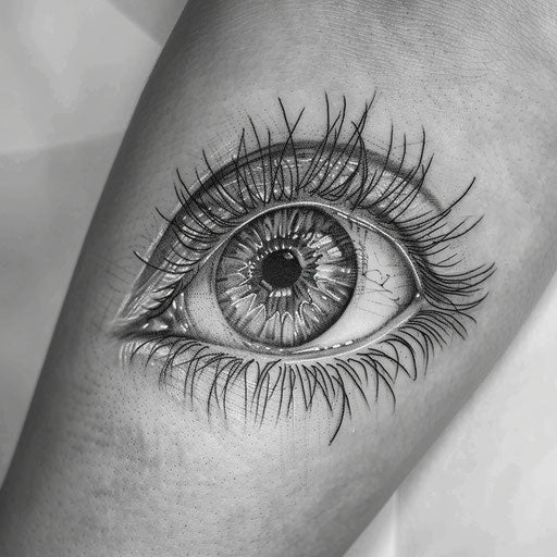 Elegant flat tattoo sketch of a micro realism eye with detailed iris and lashes