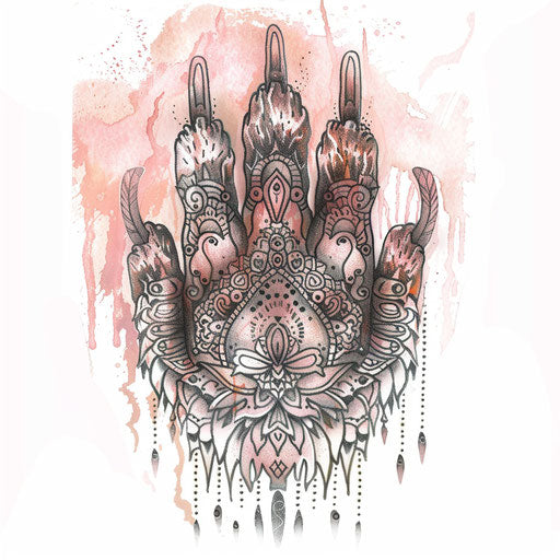 Sketch of bear paw with lace details and muted colors