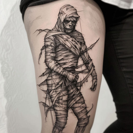 Terrifying mummy unraveling its bandages, horror-inspired tattoo on a bright white canvas.