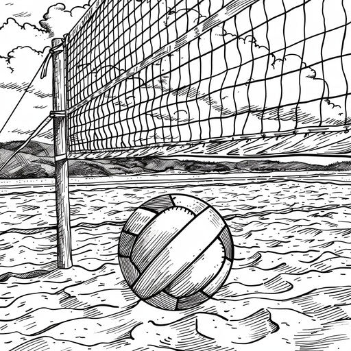 A volleyball with a net on a sandy court