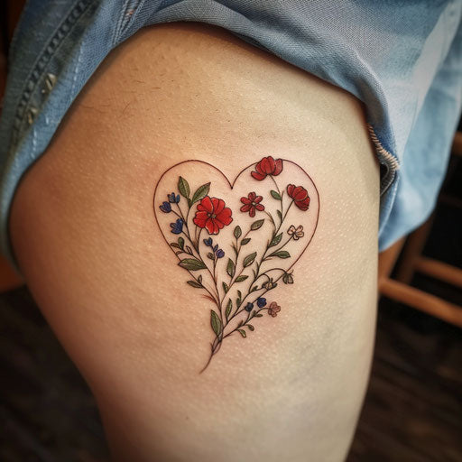 Wildflower heart tattoo, entwined stems, rich reds and greens, romantic style