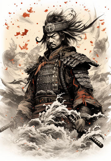 Japanese samurai tattoo design, kinetic pointillism style