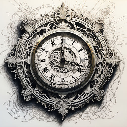 Clock drawing by Tim McKim, dreamlike, Asian motifs, backlight