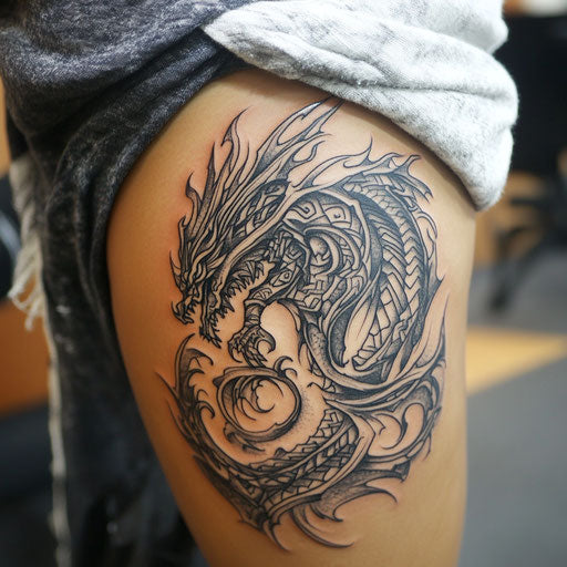 Tribal dragon tattoo on back of thigh
