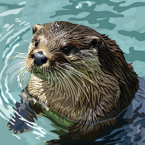 Otter illustration in photo realistic style with a flat random background, high contrast and saturated hues