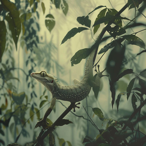 Gecko lizard in a misty rainforest morning