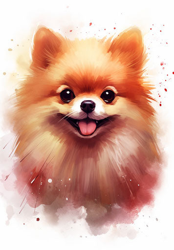 Pomeranian family, light maroon and amber tones, detailed facial features, smooth and shiny