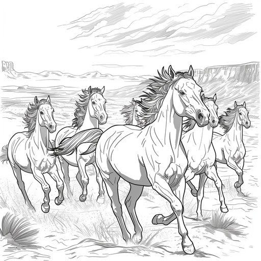 Wild galloping in the desert, coloring book page