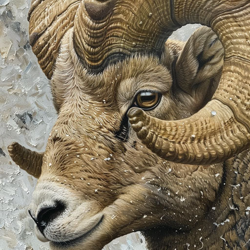 Close-up of a bighorn sheep's textured horns, in the style of Vincent Munier