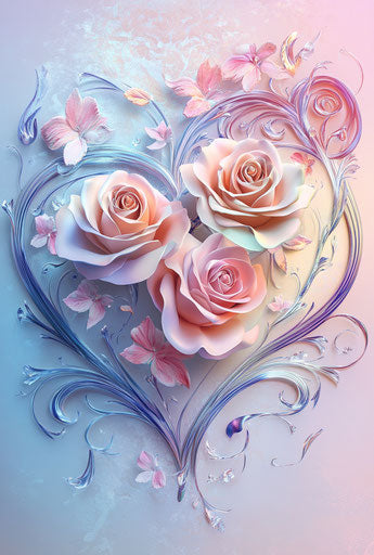 3D vector heart with roses and swirls, digital art style, pastel background
