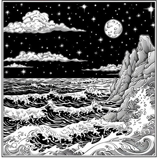 Starry night over a calm ocean. Coloring book page