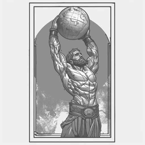 Black and grey tattoo sketch with Hercules holding up the world