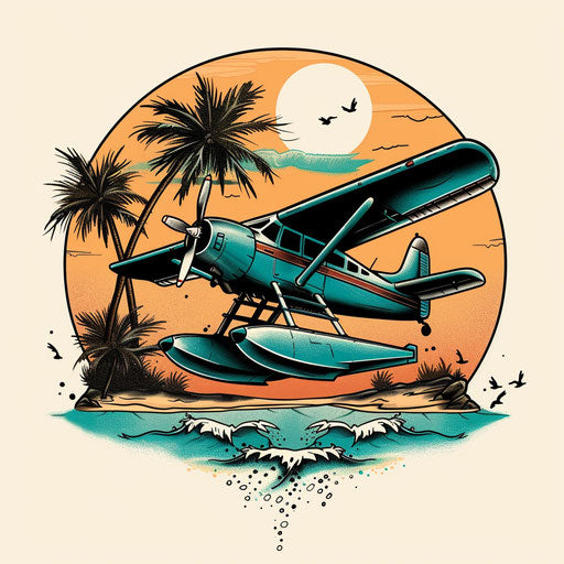 Exotic flat tattoo sketch of a seaplane landing on a tropical island