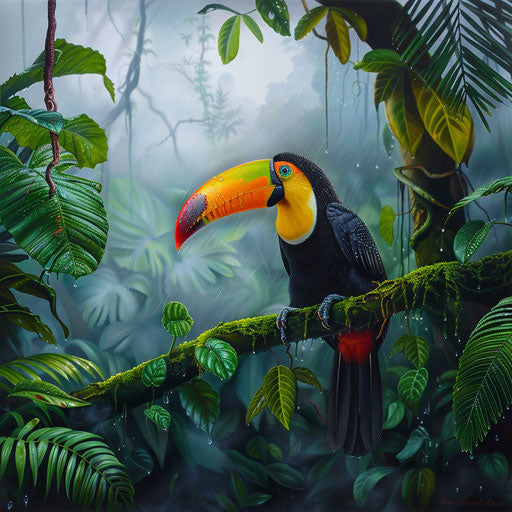 Toco toucan on lush green branch in the Amazon rainforest