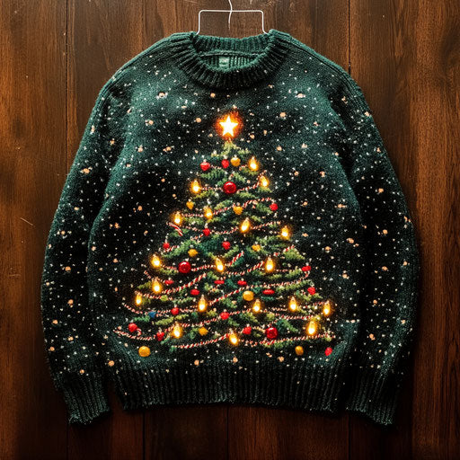 Ugly sweater with oversized glittering Christmas tree lights