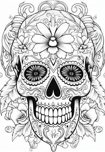 Adult coloring pages skull, sugar, intricate style, asymmetrical framing, whimsical shapes