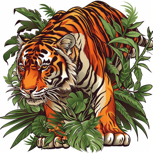Exotic flat tattoo sketch of a Russian mafia tiger prowling a jungle, vibrant greens and oranges, clipart design