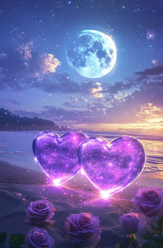 Glowing purple hearts on moonlit beach with roses