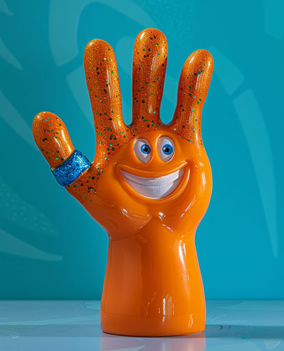 Orange plastic hand with blue glitter bandaid