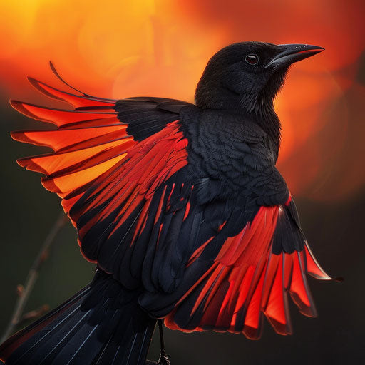 Black bird with red wings against a dramatic sunset