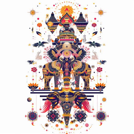 Vibrant flat tattoo sketch for a Sak Yant design with intricate geometric patterns and sacred animals in a clipart style