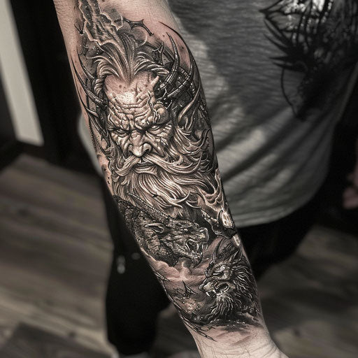 Arm tattoo depicting mythological creatures, in the style of J.P. Targete