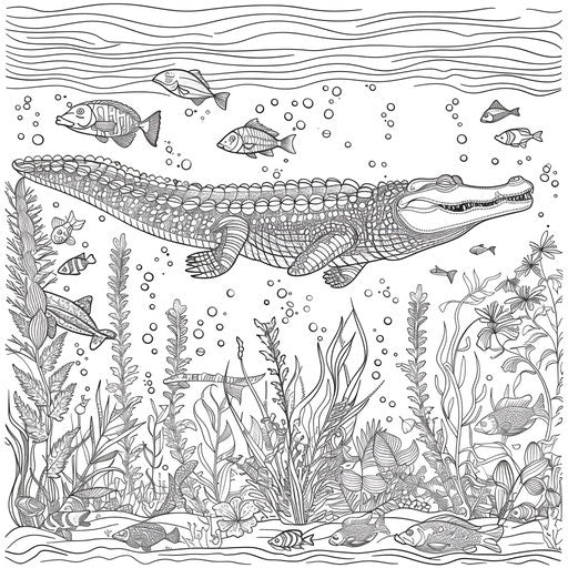 Crocodile swimming with fish and aquatic plants