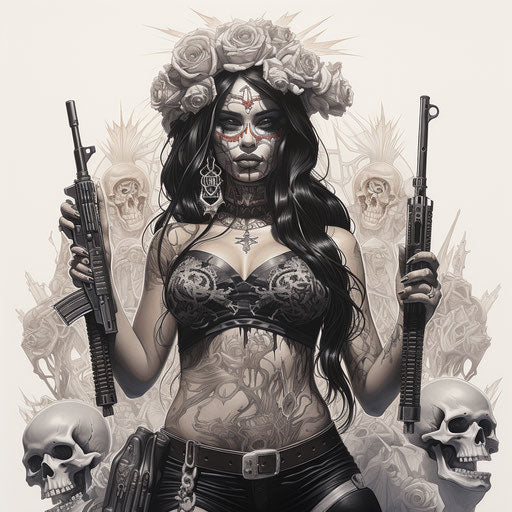 Woman with guns and skull, religious chicano antichrist style