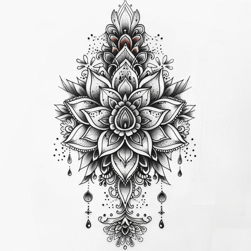 Black and white Indian motif tattoo design, delicate colors