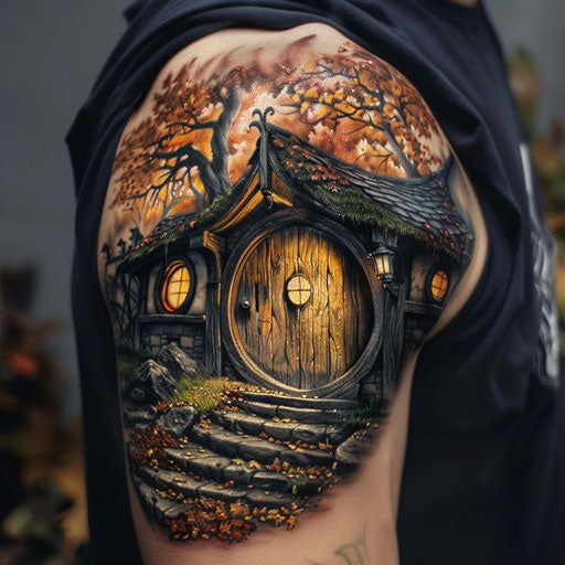 Men's half sleeve tattoo in the style of Peter Jackson with a hobbit door